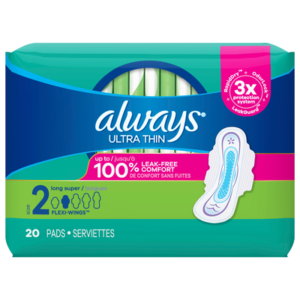 Always Ultra Thin Daytime Pads with Wings, Size 2, Long Super, Unscented, 20 CT