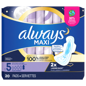 Always Maxi Overnight Pads with Wings for Women, Size 5, Extra Heavy Overnight Absorbency, Unscented, 20 Count