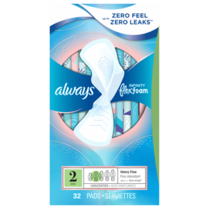 Always Infinity Feminine Pads for Women, Size 2 Heavy, with wings, unscented, 32ct